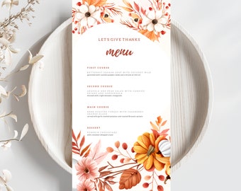 Thanksgiving Menu Cards, Friendsgiving Menu Cards, Editable Thanksgiving Menu Cards, Printable Thanksgiving Menu Card, Pumpkin Floral Leaves
