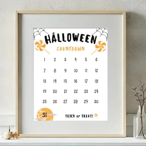 May include: A printable Halloween countdown calendar with a black and white spiderweb design and orange lollipop graphics. The calendar features the numbers 1 through 31 and the text "HALLOWEEN COUNTDOWN" and "TRICK or TREAT!"