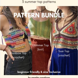 Könnte beinhalten: Ein Musterpaket mit 3 Sommertop-Anleitungen, bestehend aus dem Rainbow Top (Häkelarbeit), dem Glimmer Top (Strickarbeit) und dem Susi Top (Häkelarbeit). Das Bild zeigt drei verschiedene handgefertigte Oberteile mit unterschiedlichen Designs.