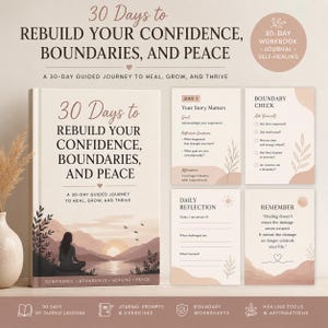 Puede incluir: Un diario guiado de 30 días titulado 30 Days to Rebuild Your Confidence, Boundaries, and Peace. La portada muestra la silueta de una persona meditando junto a un lago al atardecer. Cuatro páginas interiores muestran ejercicios de reflexión diaria.