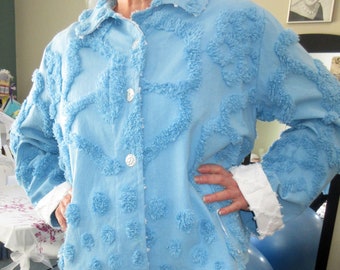 Periwinkle Blue Retro Chenille Swing Jacket/ Size M/L, USA Handmade/ Free Shipping