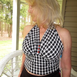 Item #818 Retro Halter Crop Top, Black and White Check Lycra Cotton/ size M/L/ready to ship/ USA handmade/free shipping