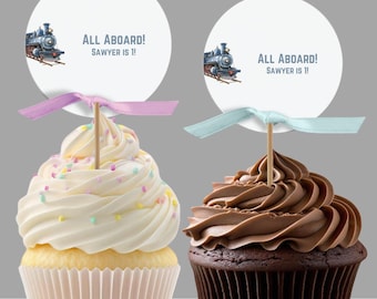 Train birthday cupcake topper template, customizable cupcake toppers, boy's birthday, blue train, editable in Canva, DIY cupcake toppers