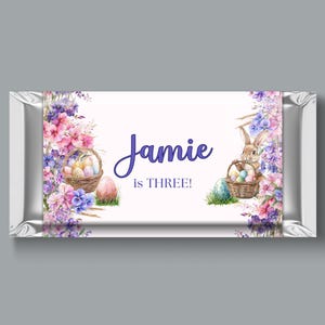 Easter egg hunt candy bar wrapper, Easter bunny party theme, purple birthday, girl&#39;s third party, spring 3rd birthday girls, party favor