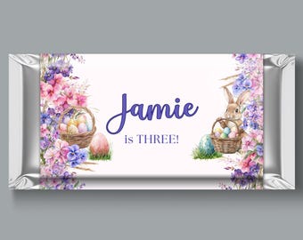 Easter egg hunt candy bar wrapper, Easter bunny party theme, purple birthday, girl's third party, spring 3rd birthday girls, party favor
