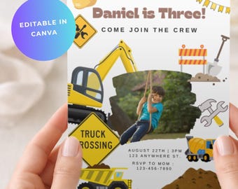 May include: A construction-themed birthday invitation card featuring a yellow excavator, a dump truck, a cement mixer, and road signs. The text reads Daniel is Three! Come Join The Crew, with placeholders for date, address, and RSVP. Includes a photo frame.