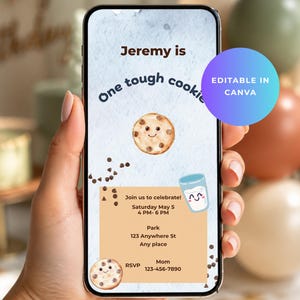 May include: A digital birthday invitation displayed on a smartphone screen featuring a watercolor chocolate chip cookie, a glass of milk, and the text Jeremy is One tough cookie. The invitation includes event details for Saturday May 5, 4 PM-6 PM.