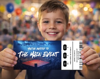 Convite de primeiro aniversário estilo ingresso de luta livre, festa temática de luta livre, convite de primeiro aniversário de menino, estilo ingresso para evento, editável no Canva