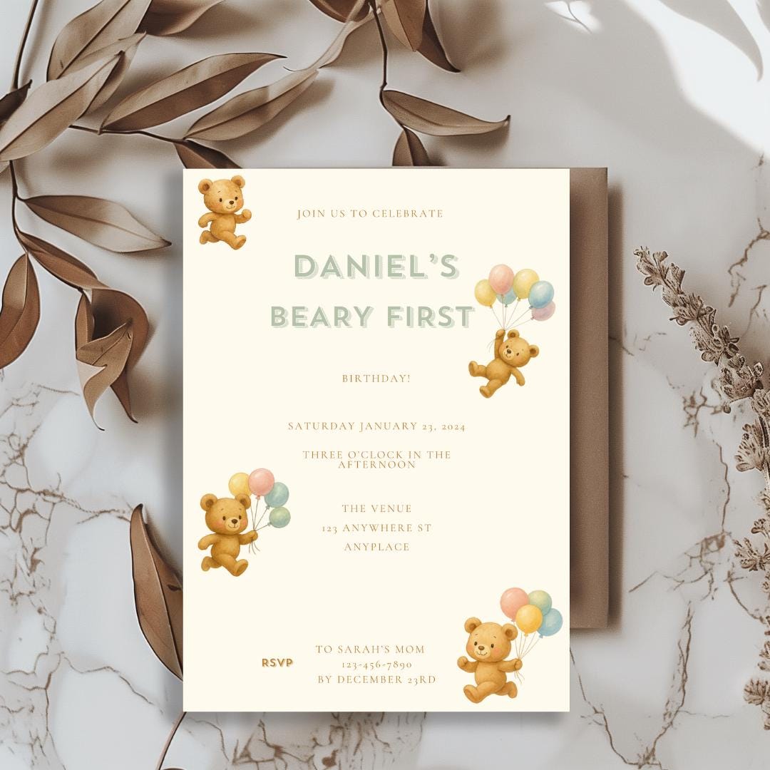 Editable Teddy Bear First Birthday Invitation Template for Canva, Beary ...