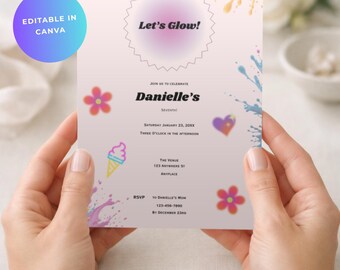 Let’s Glow Party Invitation, Editable Neon Birthday Template, 7th Birthday Girl, Glowing Party Invite, Instant Download, Canva Template