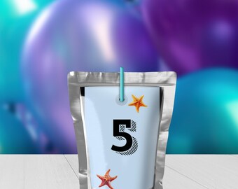 Fifth Birthday Shark Party Juice Pouch Labels, Megalodon Theme Canva Template, Editable Digital Download