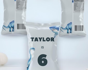 Lembrancinha para festa com tema de tubarões e dinossauros, modelo personalizado para saquinho de batata frita, aniversário de 6 anos de menino, download instantâneo do Canva