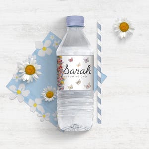 Wildflower Butterfly Waterbottle label template- printable at home- name editable in Canva. Perfect for customized water lables for party!