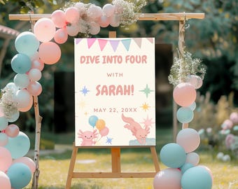 Pink Axolotl Birthday Welcome Sign, 24"x36" Printable Party Decor, Girl Fourth Birthday Party Sign, DIY Birthday Decoration