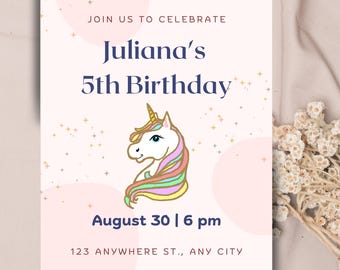 Unicorn fifth birthday invitation, magical party theme, pink customizable invite, 5th party decor, editable invitation template