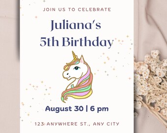 Invitación de quinto cumpleaños de unicornio, tema de fiesta mágica, invitación personalizable blanca, decoración de quinta fiesta