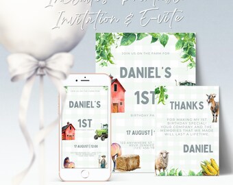 Pacote de convites de aniversário com tema de fazenda, convite para festa com animais da fazenda, convite eletrônico para primeiro aniversário, modelo editável no Canva