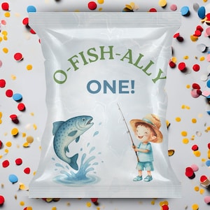 Angeln Geburtstag Chip Beutel Vorlage O-Fish-Ally One Snack Wrapper Druckbare Junge ersten Geburtstag Gunstbeutel Digital Download
