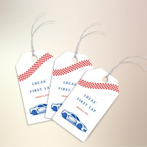 Race Car Birthday Favor Tags, First Lap Party Gift Tags, Editable Canva Template, Checkered Flag Theme, Printable Digital Download