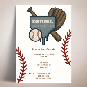 10e anniversaire goutte de base-ball | Modèle de toile de fête MVP goutte à goutte | Invitation imprimable de sport | Modèle modifiable 5 x 7 garçons