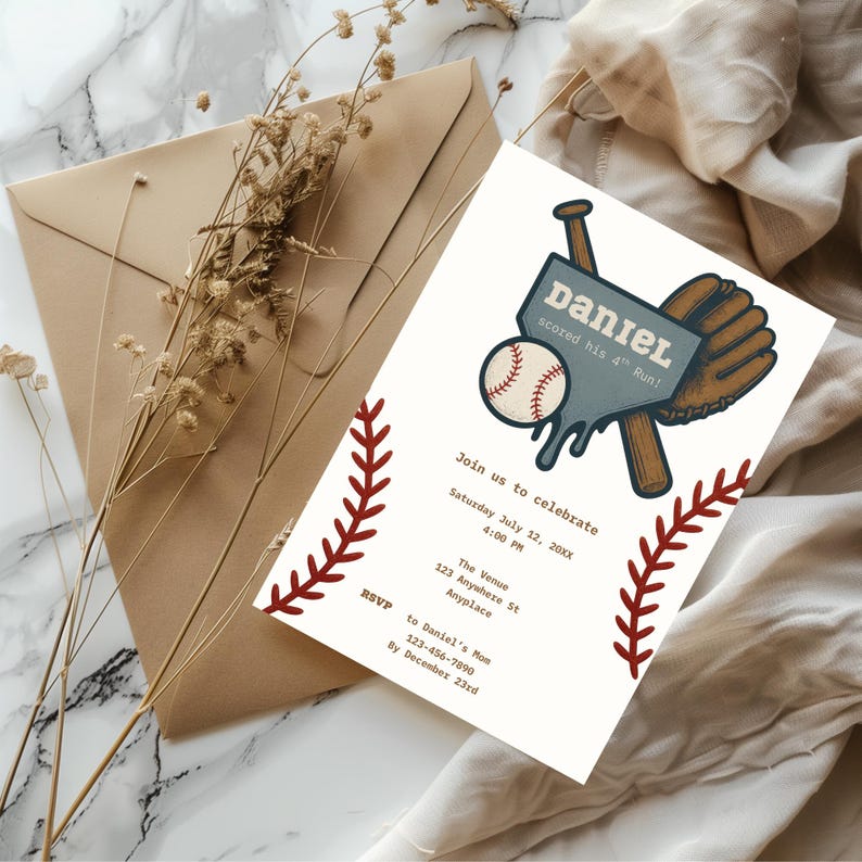 Baseball Drip 4th Birthday Invitation | Editable MVP Sports Party Canva ...