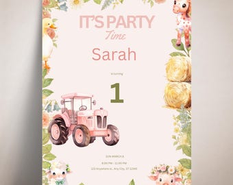 Convite de aniversário com trator rosa, modelo de primeiro aniversário de fazendeira, convite editável do Canva, cartão de festa para impressão de 12,7 cm x 18,7 cm