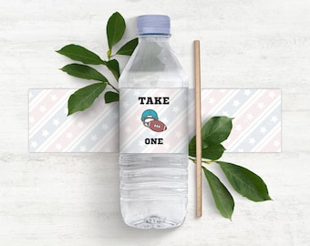 First down water bottle label, boy's first birthday, 1st down, football themed party, American football birthday party favors