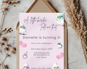 May include: A pink and purple birthday invitation with a watercolor illustration of birds and balloons. The text reads "A little birdie told me that Danielle is turning 2!" and includes the date, time, and location of the party. RSVP information is also included.