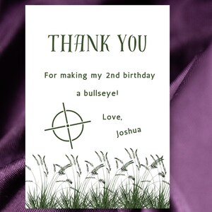 Carte de remerciement anniversaire chasse à thème cerf de boudine imprimable pour garçons 2e anniversaire en téléchargement numérique Note de fête rustique modifiable