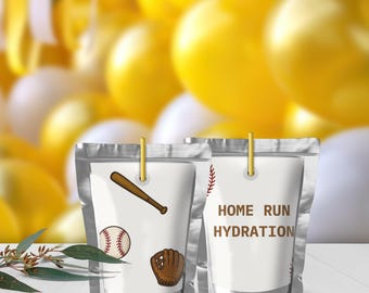 May include: Two silver pouches with baseball-themed illustrations and the text "HOME RUN HYDRATION." One pouch features a baseball bat, ball, and glove. The other has a baseball graphic. Both are clipped with yellow fasteners.