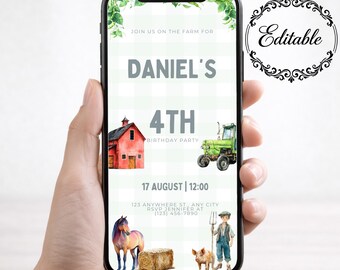 Convite de aniversário com tema de animais da fazenda, convite eletrônico editável para festa na fazenda, modelo instantâneo do Canva, tema para 4º aniversário.
