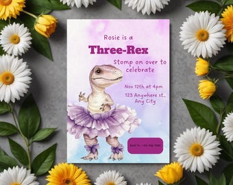 Three-Rex Dinosaur Birthday Invitation template for Girls | Editable 3rd Birthday Party Invite | Cute T-Rex Theme | Digital Download| 5”x7”