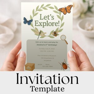 Editable Let’s Explore Bug Birthday Invitation Template for Kids Nature Party with Insects Butterflies Museum Theme Third Birthday Invite