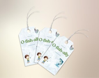 May include: Three white gift tags with a fishing theme. Each tag has the text "You're O-fish-ally Awesome!" in green. Illustrations of a boy fishing and a jumping fish are also present. The tags are strung with twine.