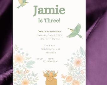 Highland Cow Birthday Invitation Template Editable 5x7 Printable Farm Animal Invite with Florals for Girl or Boy Party