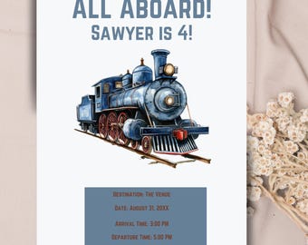 Train boy’s 4th birthday invitation, chugga chugga choo choo fourth birthday party, railroad themed party decor, blue, customizable invite