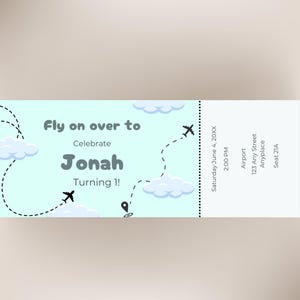 Faire-part d'anniversaire pour garçon avec billet d'avion, invitation sur le thème de l'avion, 1er anniversaire, style billet de premier anniversaire, carte d'embarquement personnalisable