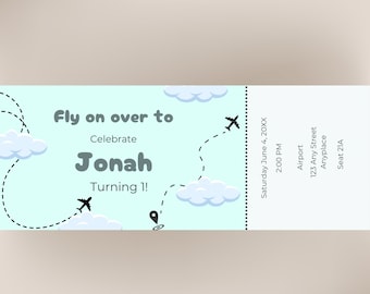 Airplane ticket boy's birthday invitation, plane themed invite, 1st birthday, ticket style first birthday, customizable boarding pass