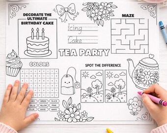 Tapete de atividades para aniversário infantil, jogo americano com tema de festa do chá, página para colorir da hora do chá, download instantâneo para aniversário
