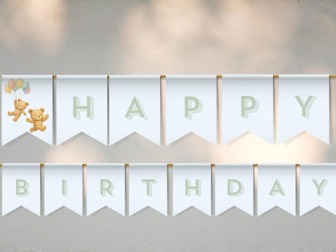Beary Blue Happy Birthday Banner Editable Printable Teddy Bear Bunting ...
