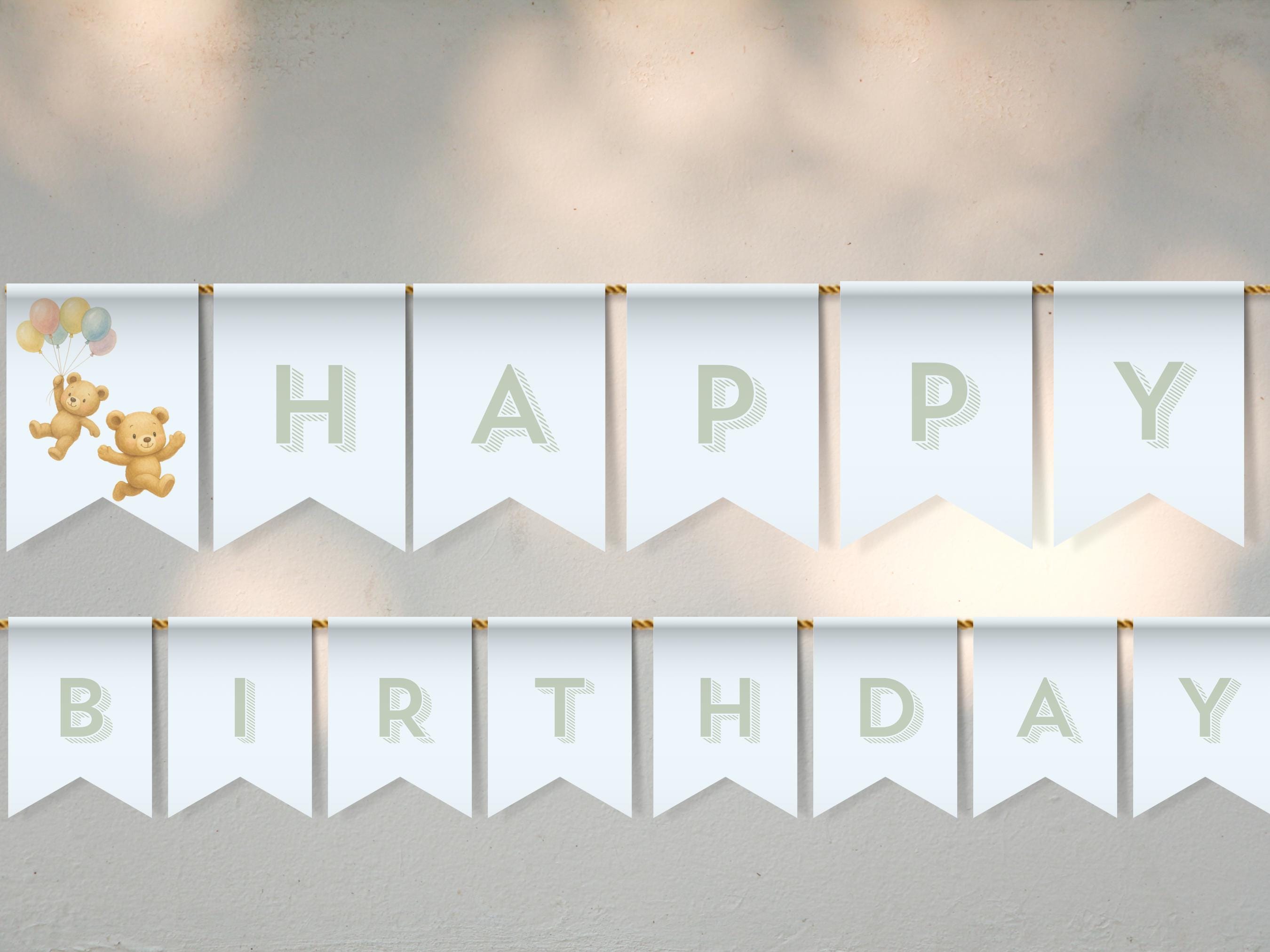 Beary Blue Happy Birthday Banner Editable Printable Teddy Bear Bunting ...