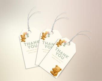 May include: Three ivory gift tags with the words "THANK YOU" printed in grey. Each tag features a watercolour illustration of a teddy bear holding balloons. The text "FOR MAKING MY DAY BEAR-Y SPECIAL!" is also printed on the tags.