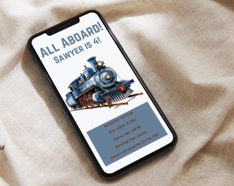 Train birthday party, digital invitation, chugga chugga choo choo, locomotive 4th birthday, blue train theme, fourth birthday editable evite