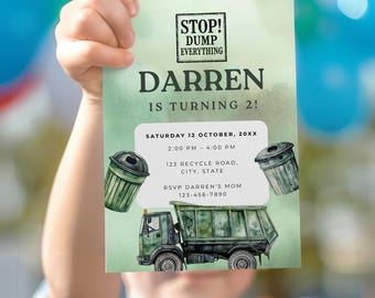 Invitation d'anniversaire sur le thème des camions-poubelles, Fête sur le thème des camions à ordures, Modèle Canva modifiable, Invitation d'anniversaire pour garçon, 2e anniversaire, Format 5x7 à imprimer