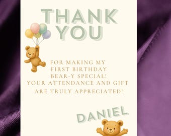 Beary First Birthday Thank You Card, Teddy Bear Editable Canva Template, 1st Birthday Printable, Instant Digital Download