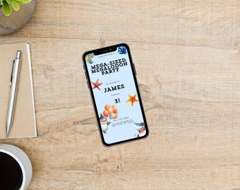 Invitación de cumpleaños de tiburón megalodón, invitación electrónica para fiesta de tercer cumpleaños, descargable en Canva editable, invitación con temática de tiburón.