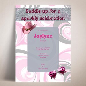 Disco Cowgirl Birthday Invitation Template | Pink Glitter Cowgirl Party Invite | Editable Canva Girls Western Birthday Digital Download