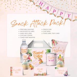 May include: A party supplies set with a tropical theme. The set includes a banner that says "HAPPY", water bottle labels, a gable box label, cupcake toppers, and a candy bar wrapper. The set also includes a snack can, chip bag, and food label tent card.