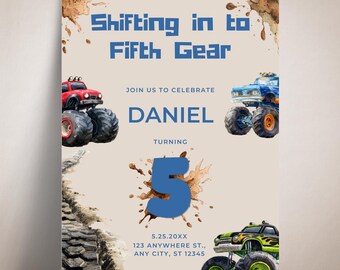 Convite de aniversário com tema de Monster Truck, modelo para festa de 5 anos de menino, design editável no Canva, download instantâneo.