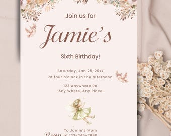 Editable Fairy Birthday Invitation Girl | Boho Floral 6th Birthday Invite | Digital Template for Canva | Instant Download Party Invitation